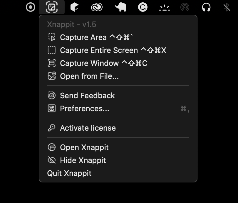 An image describing Xnappit's menubar, with a plethora of features.